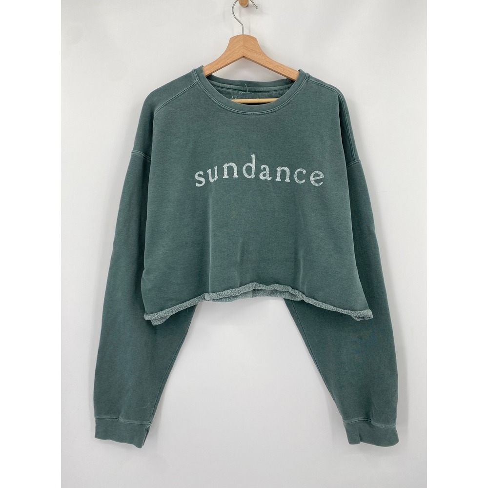 Sundance Sweatshirt Women Medium Green Raw Hem Cropped Graphic Pullover